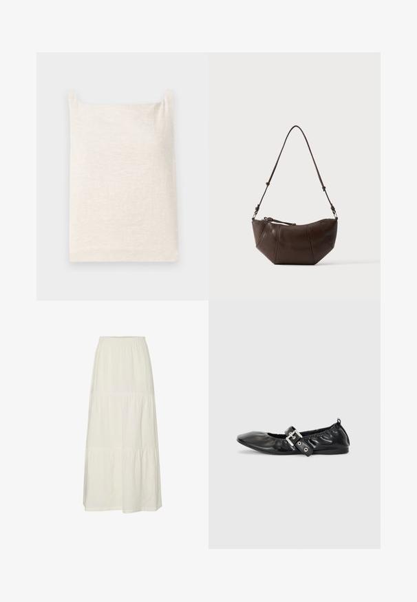 Top sin mangas beige con escote cuadrado. Tejido suave y texturizado. Diseño simple con dobladillo recto y sin patrones ni acentos adicionales.; Falda maxi blanca, en capas, hecha de una tela ligera y texturizada con una cinturilla elástica. Presenta tres secciones de tela distintas.; Zapato plano de piel negra con puntera afilada, detalle fruncido alrededor de la abertura y un acento de hebilla plateada en la correa ajustable.; Bolso de hombro de cuero marrón con fondo curvado y correa ajustable sobre un fondo claro y liso.