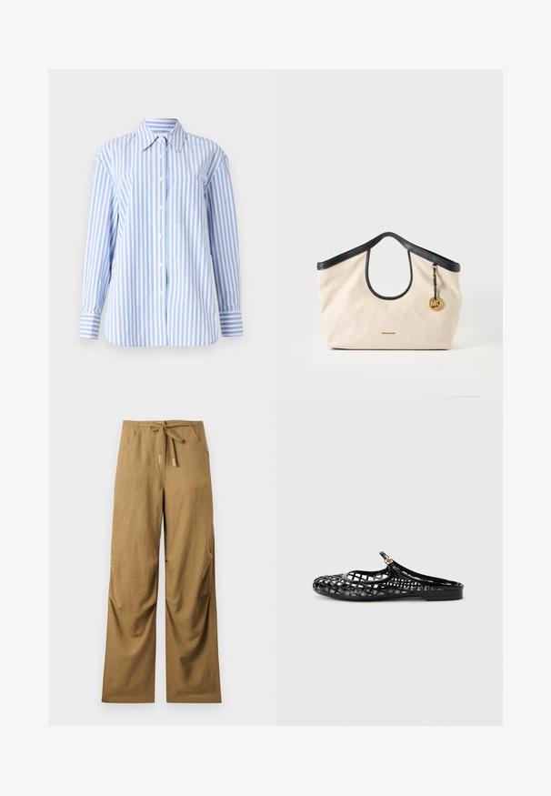 Camisa de manga larga a rayas azul claro y blanca con cuello, cierre de botones en el frente y un bolsillo en el pecho. Fabricada con tejido suave.; Pantalones marrones de pierna ancha con bolsillos delanteros y cinturón para atar en la cintura, hechos de tela ligera.; Tory Burch MELLOW MARY JANE - Sandalias planas - perfect black/gold; Bolsa tote de lona beige con ribete y asas negras, con un colgante redondo de logo MK dorado colgando de un lado.