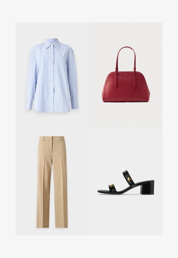 Camisa de manga larga a rayas azul claro y blanca con cuello, cierre de botones en el frente y un bolsillo en el pecho. Fabricada con tejido suave.; Pantalones beige de tiro recto con trabillas para cinturón, pliegue frontal y cierre frontal oculto, mostrados sobre un fondo claro y liso.; Sandalia negra de cuero con punta abierta, dos tiras con adornos circulares dorados y tacón grueso sobre un fondo claro y liso.; Bolso de cuero rojo con forma redondeada, dos asas largas y costuras en contraste. Presenta un detalle de logotipo en el frente.