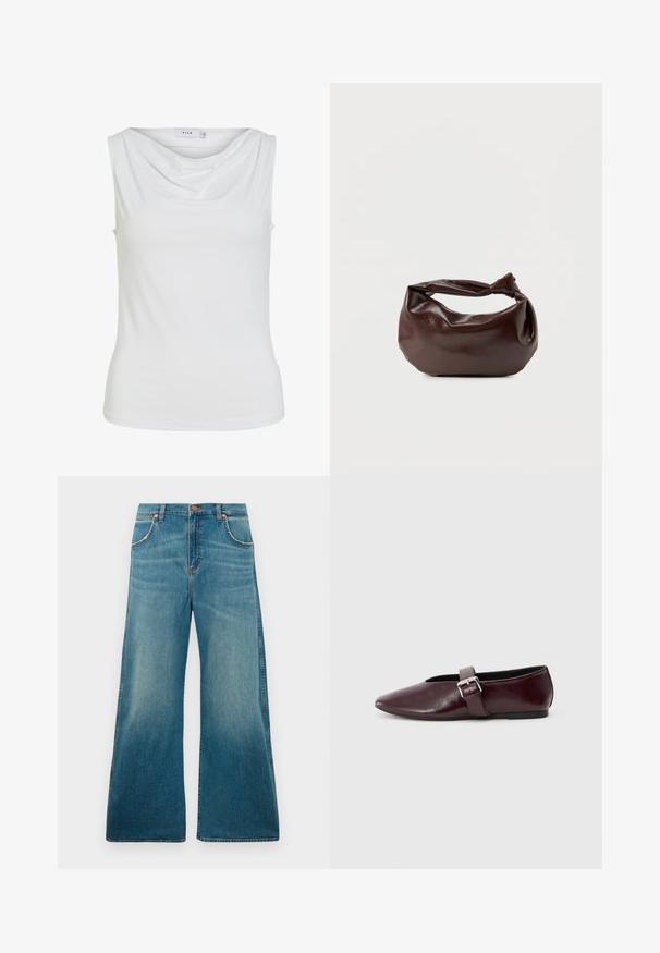 Haut sans manches blanc pour femmes avec un col drapé et une silhouette ajustée, étiqueté "VILA" à l'intérieur du col.; Jeans en denim bleu taille haute avec jambes larges, poches avant, fermeture à bouton et dégradé de couleur usé allant de la taille à l'ourlet.; Ballerines en cuir bordeaux avec un bout pointu, une semelle plate et une sangle décorative avec boucle sur le cou-de-pied. Texture lisse et brillante.; Sac bandoulière en cuir marron foncé avec une forme souple et décontractée et une anse nouée torsadée sur un fond blanc uni.