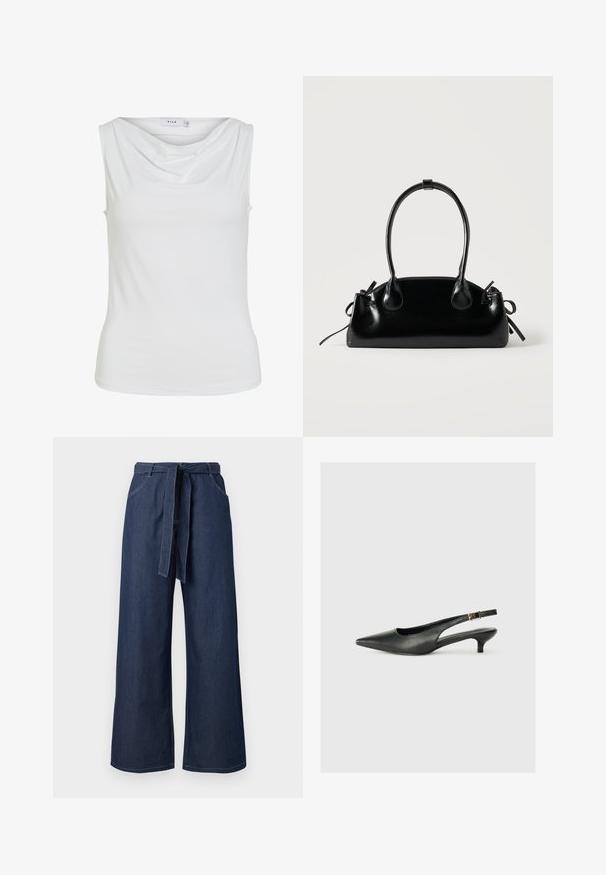 Haut sans manches blanc pour femmes avec un col drapé et une silhouette ajustée, étiqueté "VILA" à l'intérieur du col.; Pantalons en denim bleu marine à taille haute et jambes larges, dotés de poches avant et d'une ceinture en tissu assortie nouée à la taille.; Chaussure slingback noire à bout pointu en cuir lisse. Présente un talon fin et un détail de boucle sur la sangle réglable.; Petit sac à main noir brillant avec deux longues anses et des détails à cordon sur les côtés sur un fond clair uni.
