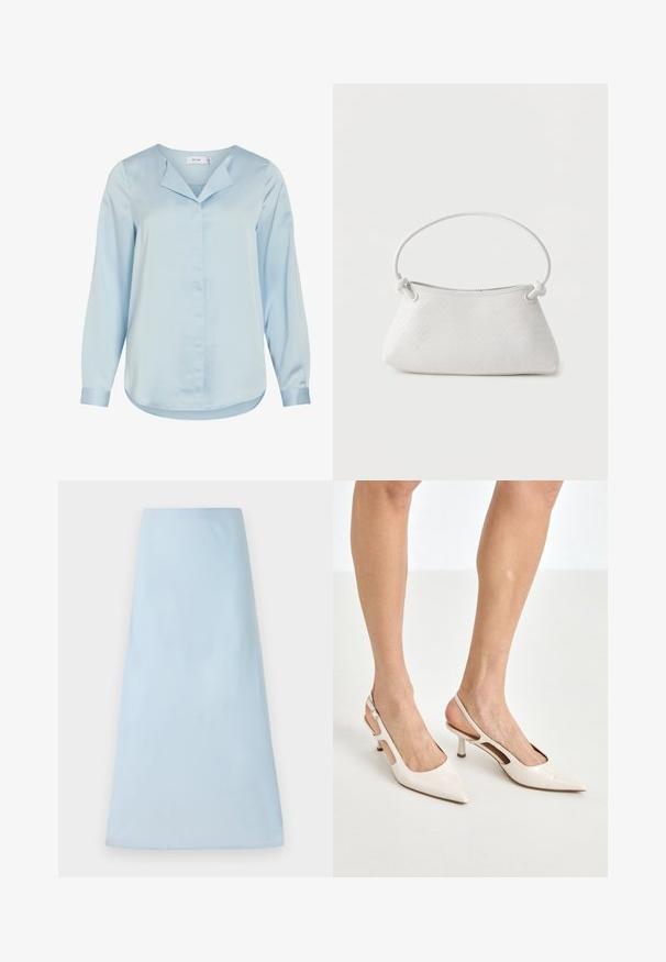 Hellblaue Bluse mit langen Ärmeln, verdeckter Knopfleiste vorne, spitzem Kragen und abgerundetem Saum, aus glattem Stoff gefertigt.; Helles blaues A-Linien-Rock aus einem glatten Stoff, mit einem schlichten Design ohne sichtbare Muster oder Akzente, in mittellanger Länge.; Beige Lackleder Slingback-Absätze mit spitzem Fuß und 5 cm Absatz, mit ausgeschnittenen Seiten und einem schmalen Knöchelriemen.; Weiße gewebte Lederhandtasche mit abgerundetem Griff und verknoteten Riemenenden, vor schlichtem Hintergrund präsentiert.