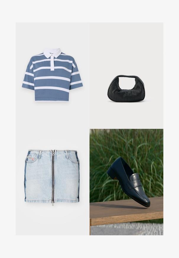 Beskaaret polo shirt i blå med hvide vandrette striber, korte ærmer og en klassisk hvid krave med knaplukning.; Denim mini nederdel med lynlås foran, lys blå vask, fem lommer og rå kantdetaljer nederst.; Sort læderloafer med lav hæl, der balancerer på kanten af en træbænk udendørs med højt grønt græs i baggrunden.; Sort flettet hobo-taske med blød struktur og integreret håndtag, vist på en ensfarvet lys baggrund.