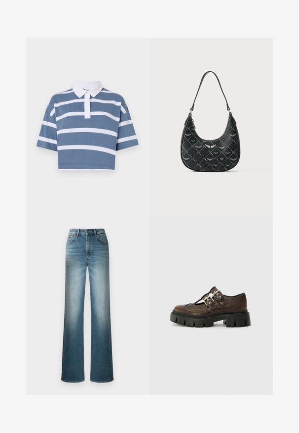 Beskaaret polo shirt i blå med hvide vandrette striber, korte ærmer og en klassisk hvid krave med knaplukning.; Lyseblå brede benjeans lavet af denim. Har høj talje, fem lomme-design og en falmende effekt fra top til bund.; Brune lædersko med udskæringsdesign, dobbelte sølvspænder, sort chunky sål og broguedetaljer langs kanterne.; Sort håndtaske lavet af tekstureret materiale med en buet form, sølvdetaljer og et gentaget mønster af vinger og stjerner på overfladen.