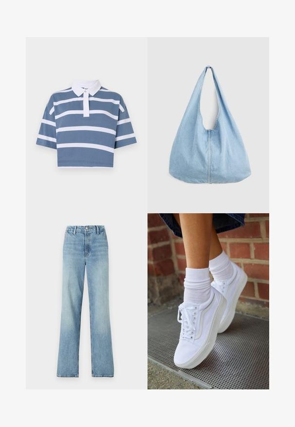 Abgeschnittenes Polo-Shirt in Blau mit weißen horizontalen Streifen, kurzen Ärmeln und einem klassischen weißen Kragen mit durchgeknöpftem Blendenverschluss.; Good American GOOD CARPENTER - Wide Leg - indigo; Weiße Leinensneaker mit Gummisohlen, ausgestattet mit sechs Ösen, runder Zehenpartie und dezenten Nähten, kombiniert mit weißen Knöchelsocken.; Hellblaue Denim-Schultertasche mit einem breiten Riemen und sichtbarer zentraler Naht, vor einem schlichten hellgrauen Hintergrund präsentiert.