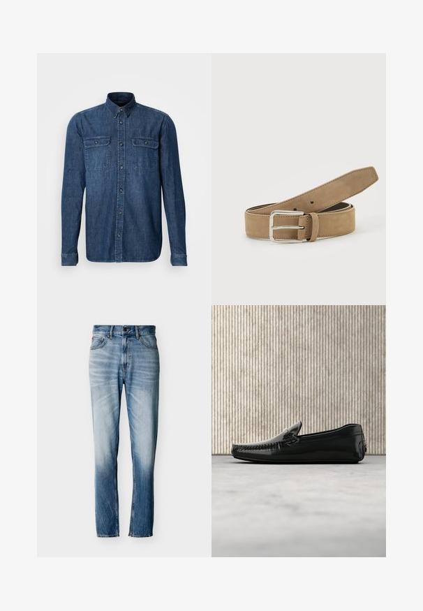Langærmet denimskjorte, mørkeblå, to brystlommer med klaplukninger, knaplukning foran, krave og syninger på manchetterne.; Blå falmede jeans med lige ben, fem lommer, knaplukning og bæltestropper, vist fladt på hvid baggrund.; Sorte læder loafers med en blank overflade, rund tå og dekorativt hardware foran. Lavprofil gummisål. Glat tekstur.; Lysebrunt ruskindsbælte med sølv metalspænde, rullet sammen og placeret på en hvid overflade.