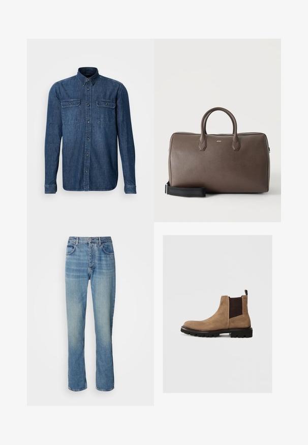 Langärmliges Jeanshemd, dunkelblau, zwei Brusttaschen mit Klappen, Knopfleiste auf der Vorderseite, Kragen und gestickte Details an den Ärmeln.; Helle blaue, gerade geschnittene Denim-Jeans mit hoher Taille, vorderem Knopf, Reißverschluss und Fünf-Taschen-Design.; Braune Wildleder Chelsea-Stiefel mit elastischen Seitenpaneelen, runder Zehenform und robustem schwarzen Sohlen. Mit einer Schlaufe an der Rückseite für einfaches Anziehen.; Braune Leder-Duffelbag mit zwei Griffen, einem schwarzen verstellbaren Schulterriemen und einem kleinen "BOSS" Logo vorne in der Mitte.