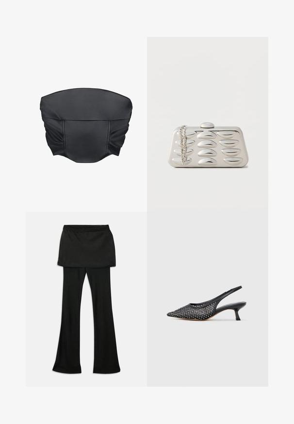 Zwarte nep leren cropped top met geplooide textuur en een gestructureerde vorm, met een gladde oppervlakte en minimale stikdetails.; Zwarte wijde broek met een geribbelde textuur, voorzien van een compacte rokoverlay ter hoogte van de taille. Ontworpen voor een getailleerde pasvorm met een gladde afwerking.; Zwarte slingback kitten heel met puntige neus, bovenwerk van gaas versierd met kleine zilveren studs, en lage gebogen hak.; Rechthoekige zilveren clutch met verhoogde ovale patronen aan de voorkant en een zilveren ketting die over één hoek hangt, op een effen achtergrond.