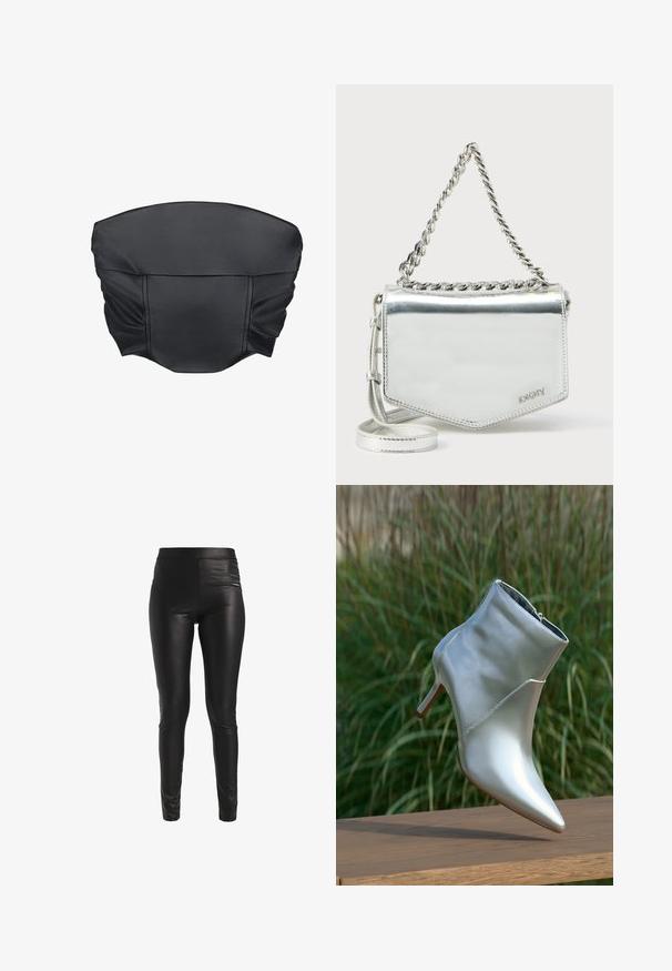 Zwarte nep leren cropped top met geplooide textuur en een gestructureerde vorm, met een gladde oppervlakte en minimale stikdetails.; Zwarte legging van imitatieleren met een hoge tailleband. De stof heeft een gladde, glanzende afwerking en een nauwsluitend ontwerp dat taps toeloopt bij de enkels.; Glanzende zilveren hoge hakken enkellaars met puntneus en rits, in balans op een houten oppervlak voor een groene grasachtergrond.; Zilverkleurige metallic schoudertas met kettingriem, geometrische vorm, gladde textuur en logodetail. Voorzien van een ritssluiting en accentstiksels.