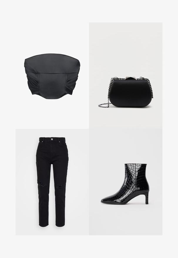 Sorte faux læder cropped top med sammensat tekstur og en struktureret form, der har en glat overflade og minimale sydetaljer.; ONLY Petite ONLJAGGER - Jeans Slim Fit - washed black; Sorte patentlæder ankelstøvler med krokodillemønster, spids tå og medium højde slank hæl på en ensfarvet hvid baggrund.; Sorte clutch taske med en glat, mat finish, afrundet form og en sølv kædetras. Har en geometrisk lukningsdetalje på toppen.