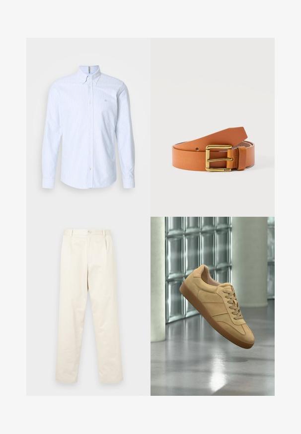 Camisa de manga larga a rayas azules y blancas con cuello, que presenta un pequeño logo en el pecho y una tapeta de botones. Material de algodón.; Chinos de algodón color beige claro con un diseño de pierna recta, que presentan un cierre de botón y dos bolsillos laterales. Textura suave sin patrones visibles.; Zapatilla beige de ante con suela de goma, diseño con cordones, flotando en interiores sobre suelo de hormigón pulido cerca de pared de bloques de vidrio.; Cinturón de cuero color canela enrollado con hebilla rectangular dorada grabada con "BOSS" en la esquina inferior derecha de la hebilla.