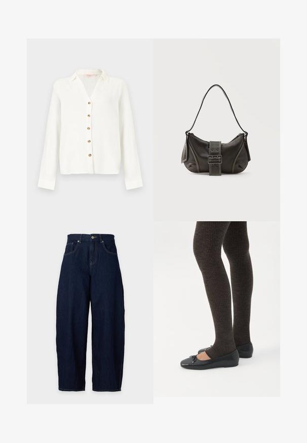 Blouse blanche à manches longues avec un col et cinq boutons marron sur le devant, fabriquée en tissu léger et texturé.; Jean en denim bleu foncé à jambes larges, fermeture avant par bouton et zip, passants de ceinture et poches avant sur fond clair.; Jambes portant des leggings côtelés foncés associés à des ballerines noires avec de petits détails en nœud sur fond blanc.; Sac à épaule en cuir noir avec une sangle à boucle, des bords arrondis et des coutures blanches contrastées sur un fond uni.