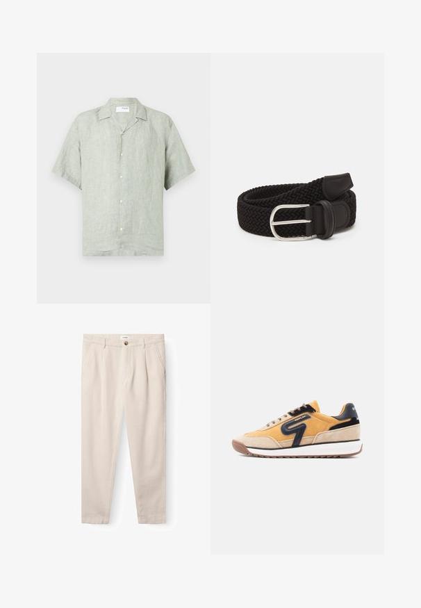 Kurzärmliges, hellgrünes Leinenhemd mit Kragen, Knopfleiste und lockerer Passform. Texturiertes Gewebe mit dezentem Glanz.; Gabba JOE-PAS VILL - Chino - lt sand; Sneaker mit gelbem Textil-Obermaterial, beigen Wildleder-Akzenten, schwarzem Leder-Logo, brauner Sohle und schwarzen Details an der Ferse.; Schwarzer, gewebter Gürtel aus elastischem Material mit einer silbernen Metallschnalle und Lederakzenten an den Enden, ausgestattet mit einem strukturierten Geflecht-Design.