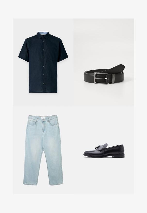 Kortærmet marineblå skjorte lavet af let materiale, med knaplukning foran, spidse kraver og en venstre brystlomme.; Lys blå denim jeans med en afslappet pasform, fem lommer, en knaplukning og subtil fadeeffekt. Teksturen er glat og lidt slidt.; Sort læderloafer med tekstureret gråt stofpanel og kvastdetalje, lav hæl og rundet tå, vist fra siden mod en hvid baggrund.; Sort læderbælte med en sølvmetal spænde, der har en glat overflade og et klassisk design. Bæltet er pænt foldet.