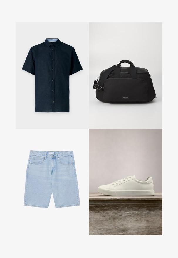 Camisa de manga corta en color navy, hecha de una tela ligera, con cierre de botones en la parte delantera, cuello puntiagudo y un bolsillo en el pecho izquierdo.; Shorts de mezclilla azul claro con corte recto, que cuentan con bolsillos frontales, cierre de botón y un acabado desgastado. Diseño clásico de cinco bolsillos.; Zapatilla blanca con cordones flotando sobre un banco de madera con follaje verde al fondo, mostrando el diseño y la textura del zapato.; Bolsa de viaje de nailon negro con asas dobles, correa para el hombro ajustable, bolsillo con cremallera en la parte frontal y etiqueta de marca. Textura suave y forma estructurada.