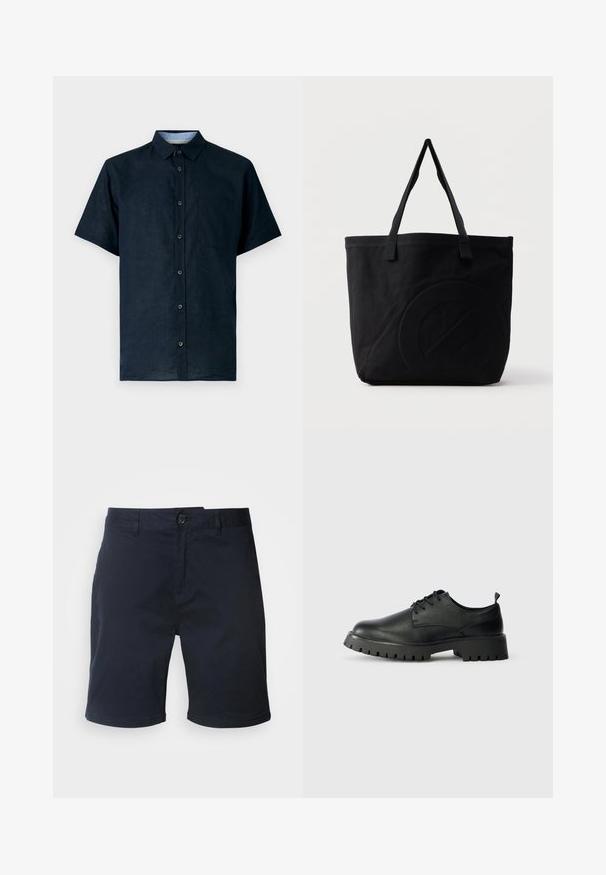 Camisa de manga corta en color navy, hecha de una tela ligera, con cierre de botones en la parte delantera, cuello puntiagudo y un bolsillo en el pecho izquierdo.; Pantalones cortos de algodón azul marino con cierre de botón, trabillas para cinturón y dobladillo recto. Presentan una textura suave y un diseño clásico.; Zapatos de cuero negro con cordones, punta redondeada, superficie texturizada y suela de goma gruesa con profundos surcos para mejor agarre.; Bolsa tote de lona negra con dos correas para el hombro y un diseño circular en relieve sutil en el frente.