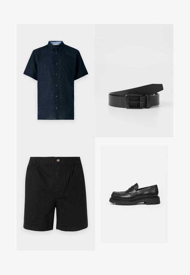Camisa de manga corta en color navy, hecha de una tela ligera, con cierre de botones en la parte delantera, cuello puntiagudo y un bolsillo en el pecho izquierdo.; Pantalones cortos de algodón negros con cintura elástica y cierre frontal de un solo botón, con corte recto y longitud hasta la mitad del muslo.; Mocasín negro de cuero con suela gruesa y acanalada y detalle de tira para moneda, mostrado en perfil lateral derecho sobre fondo blanco.; Cinturón de cuero negro con hebilla metálica negra mate, que presenta una textura suave y un diseño sencillo. Longitud ajustable con un extremo cónico.