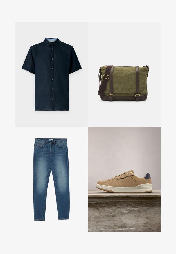 Lühemate varrukatega tumesinine särk, mis on valmistatud kergest kangast, omab nööpidega esist, teravat kraed ja vasakul rinnaosal taskut.; Keskmise sinise värvi denim teksad, pleekinud viimistlusega, viie taskuga disain, sirge sääre sobivus ja õmmeldud detailid. Nööbiga ja tõmblukuga sulgemine.; Beež nubukist tennisjalats valge kummist tallaga, beežide nööpidega, tumehallide aktsentidega ja perforatsioonidega varbakastis.; Roheline riidest messenger-kott pruuni nahkdetailidega, eesmine klapp, reguleeritav rihm ja ülemine tõmblukk. Omab kuldset metallist lisandit.