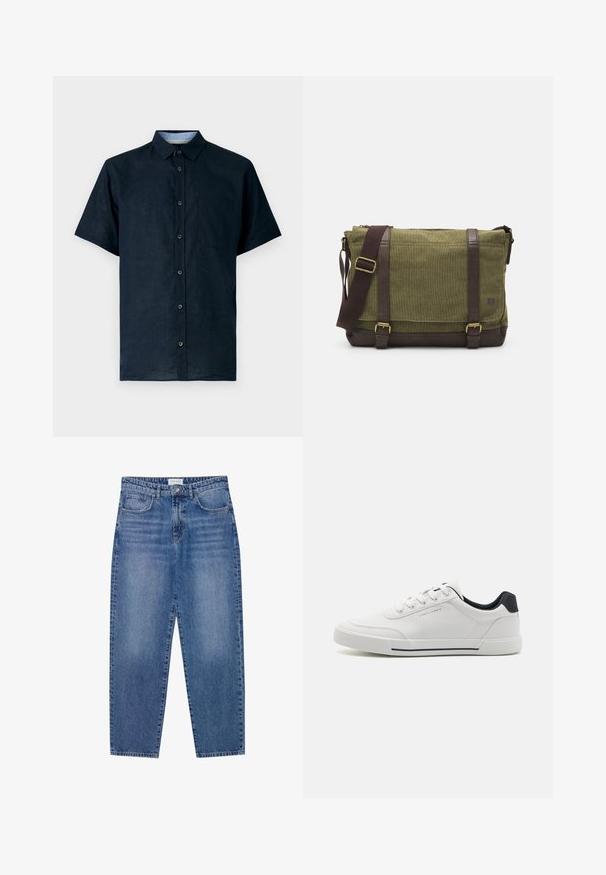 Kurzärmliges navy-blaues Hemd aus leichtem Stoff, mit durchgehender Knopfleiste, spitzem Kragen und einer Brusttasche auf der linken Seite.; Blaue Denim-Jeans mit hoher Taille, geradem Bein und ausgebleichtem Finish. Verfügt über fünf Taschen und einen Knopfverschluss.; Weiße Sneakers mit einem glatten synthetischen Obermaterial, runder Spitze, Schnürdesign, marineblauem Akzent an der Ferse und einer strukturierten Gummisohle mit einem schwarzen Streifen.; Grüne Stoff-Umhängetasche mit braunen Lederakzenten, einer Vorderklappe, verstellbarem Schultergurt und Reißverschlussverschluss an der Oberseite. Ausgestattet mit goldenen Beschlägen.