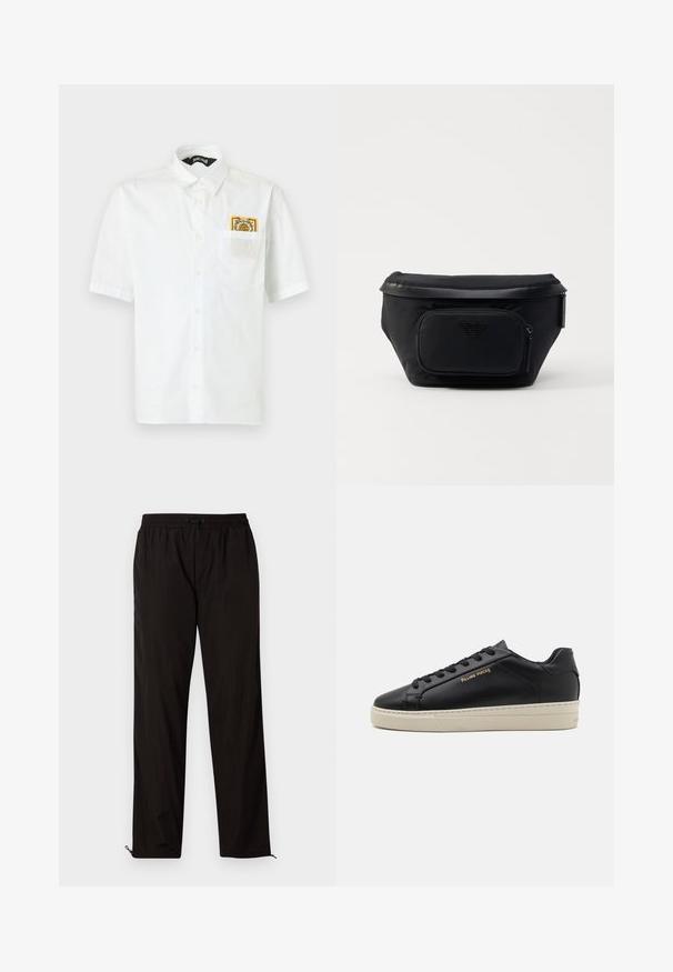 Chemise blanche à manches courtes avec col et une petite écusson brodée colorée qui dépasse de la poche poitrine gauche.; Pantalons légers noirs avec une taille élastique, fermeture à cordon, et bas zippés pour un ajustement réglable. Texture lisse et élégante.; Sneaker en cuir noir avec une finition lisse, semelle crème contrastante, bout arrondi, logo doré sur le côté et six œillets pour les lacets.; Sac en nylon noir avec une poche zippée à l'avant, présentant une texture lisse et un accent de logo. Design structuré avec un rabat.