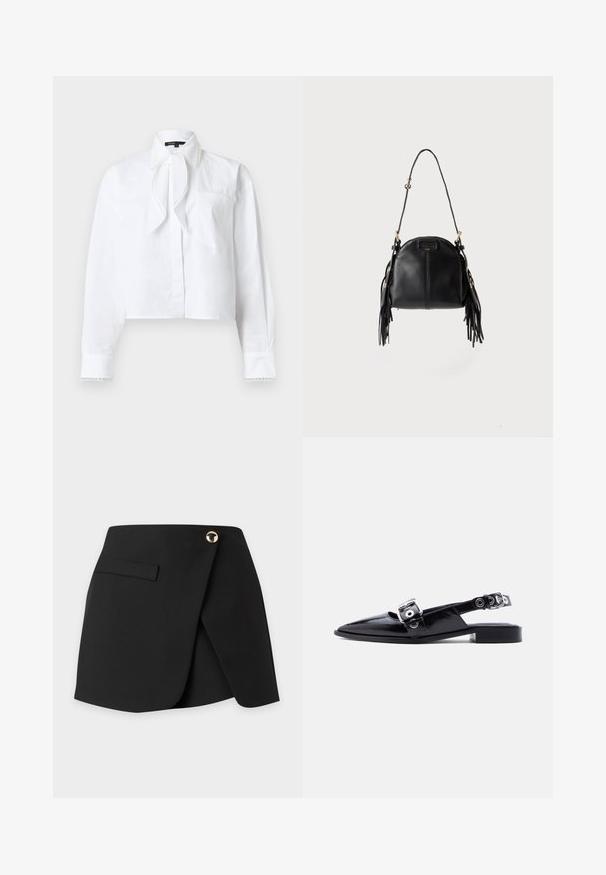 Blouse blanche à manches longues avec col pointu, détail de nœud à l'avant, poche poitrine et bordure en dentelle sur le col et les poignets.; Mini-jupe noire asymétrique avec rabat devant, une fermeture par bouton doré et une poche horizontale à fente sur le côté gauche.; Ballerine pointue en cuir verni noir avec double boucle argentée et talon slingback sur fond blanc.; Sac à main en cuir noir avec une forme courbée, une longue bandoulière réglable et des franges de chaque côté sur un fond clair.
