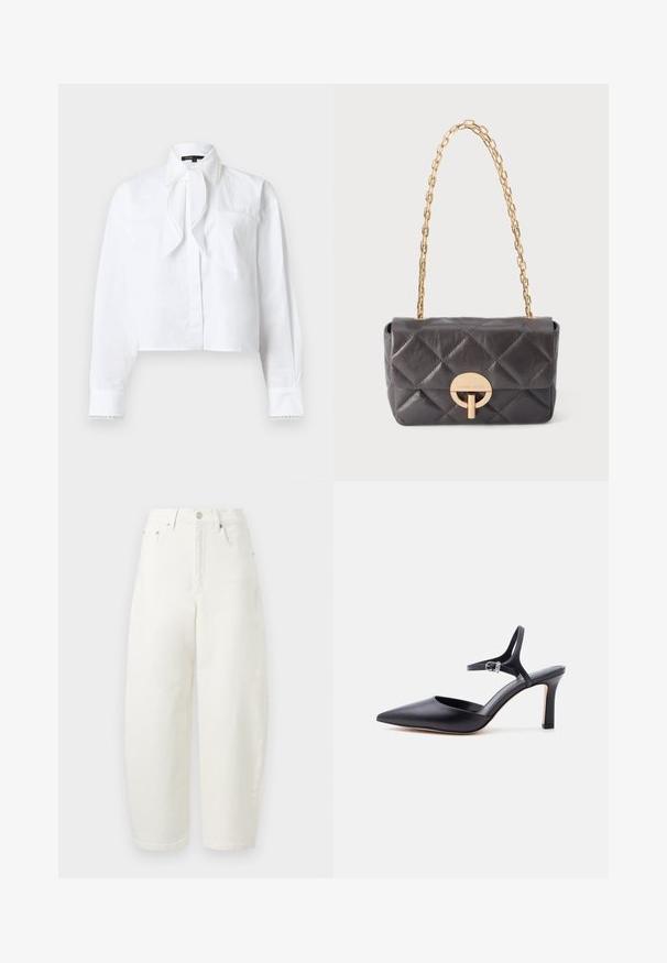 Blouse blanche à manches longues avec col pointu, détail de nœud à l'avant, poche poitrine et bordure en dentelle sur le col et les poignets.; Jean en denim blanc à taille haute, jambes larges, avec bouton frontal, fermeture éclair, passants pour ceinture, et poches à l'avant et à l'arrière.; Escarpin noir à bout pointu avec fine bride à la cheville et boucle argentée, finition en cuir lisse, chaussure élégante pour femme.; Sac à main en cuir noir matelassé avec fermoir circulaire doré et bandoulière chaîne dorée suspendu sur fond blanc.