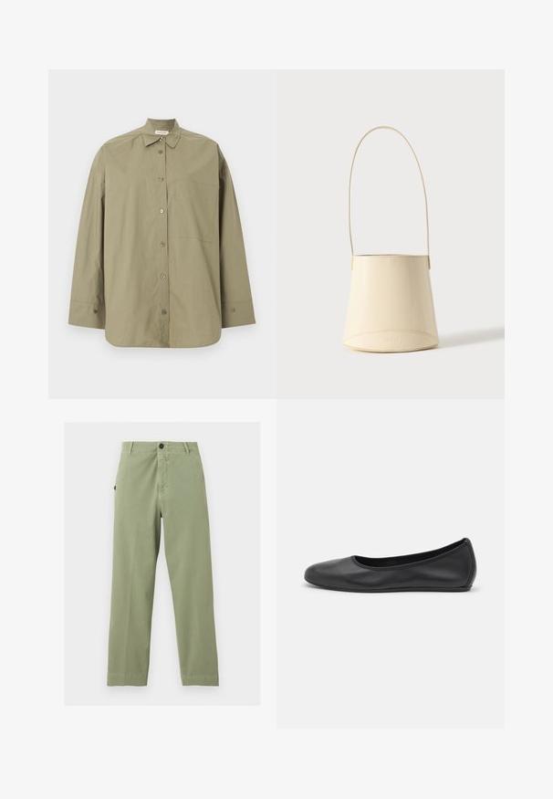 Chemise beige à manches longues avec col, boutons sur le devant et une poche poitrine unique, présentée à plat sur un fond blanc.; Pantalon vert clair à jambe droite avec fermeture par bouton et zip, passants pour ceinture et poche latérale sur fond uni.; Ballerines en cuir noir avec un bout rond, texture lisse, détails de couture minimalistes et design de semelle flexible.; Sac à main seau en cuir lisse couleur crème avec une longue bandoulière et un nom de marque discrètement embossé sur fond uni.