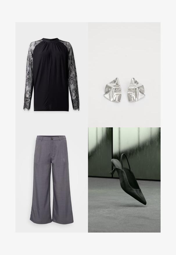 Blouse noire à manches longues avec manches en dentelle florale transparente et col rond haut avec fermeture par bouton au dos.; Pantalons larges gris en tissu lisse, avec une fermeture par bouton à l'avant, des plis et une coupe décontractée jusqu'à la cheville.; Escarpin à talon haut en cuir noir avec bride arrière et bout pointu, flottant au-dessus d'un sol recouvert de moquette grise, mur verdâtre flou en arrière-plan.; Boucles d'oreilles en métal argenté avec un design ondulé et sculptural, présentant une finition polie et des formes irrégulières, mettant en valeur une esthétique contemporaine.