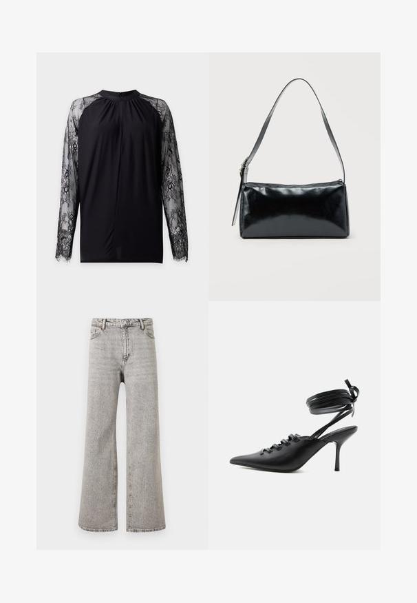 Blouse noire à manches longues avec manches en dentelle florale transparente et col rond haut avec fermeture par bouton au dos.; Jean denim gris taille haute, coupe droite, avec bouton devant, fermeture éclair et design cinq poches sur fond blanc uni.; Chaussure à talon haut noire à bout pointu avec laçage à l'avant et brides enroulées autour de la cheville nouées en nœud, vue de côté sur fond blanc.; Sac d'épaule rectangulaire noir avec une sangle réglable unique et une fermeture éclair supérieure sur un fond uni.