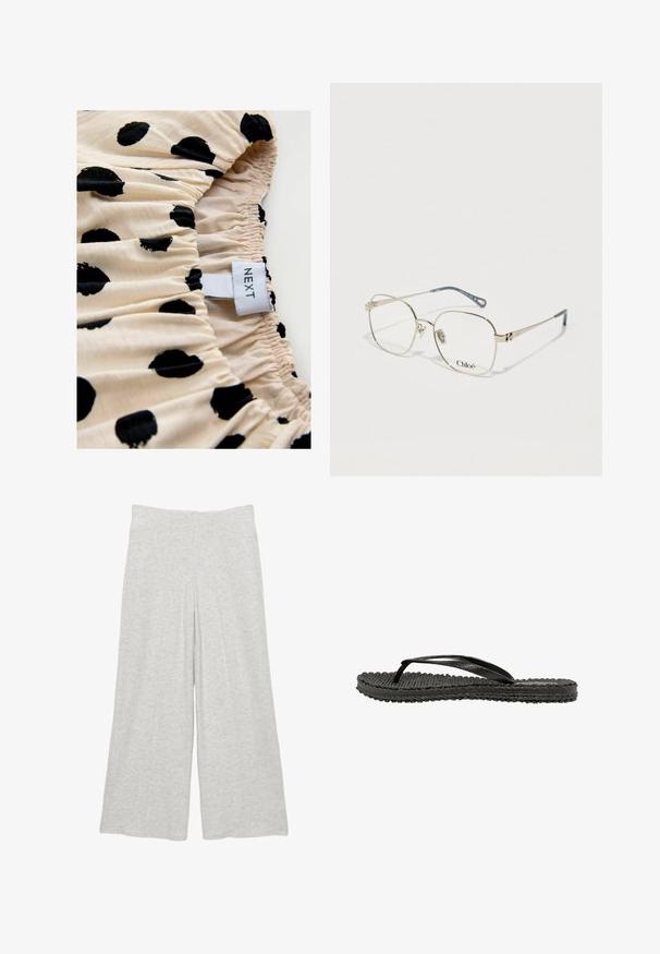 Tissu crème avec des pois noirs, présentant une texture froncée. L'étiquette indique "NEXT." Mise au point sur le motif imprimé et les détails de fronces élastiques.; Pantalon large gris clair confectionné dans un tissu doux, doté d'une taille haute et de coutures discrètes à l'avant.; Sandale flip-flop texturée noire avec une simple sangle noire brillante en forme de Y et une semelle légèrement relevée.; Lunettes carrées avec une fine monture en métal doré, des verres transparents et une branche accentuée de bleu. Présente des détails de logo sur la monture.