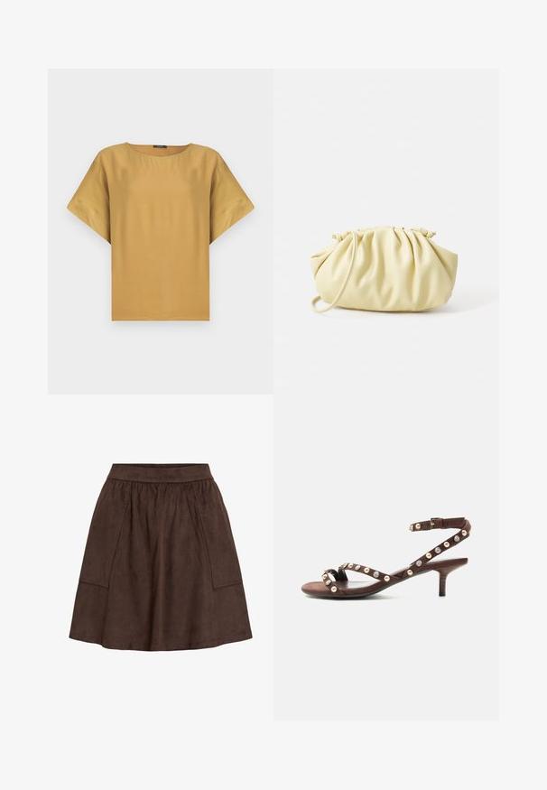 Haut à manches courtes de couleur moutarde avec un col rond et une coupe décontractée. Fabriqué en tissu lisse avec un design simple et épuré.; Jupe en daim marron avec une ceinture élastique, dotée de poches latérales et d'une coupe évasée. Texture lisse et longueur jusqu'au genou.; Sandale à talon marron avec bride à la cheville, ornée de clous alternés en perles et pierres précieuses transparentes sur des fines brides.; Sac à main plissé jaune en simili cuir lisse, arborant une forme douce avec une bandoulière unique et un design froncé sur le dessus.