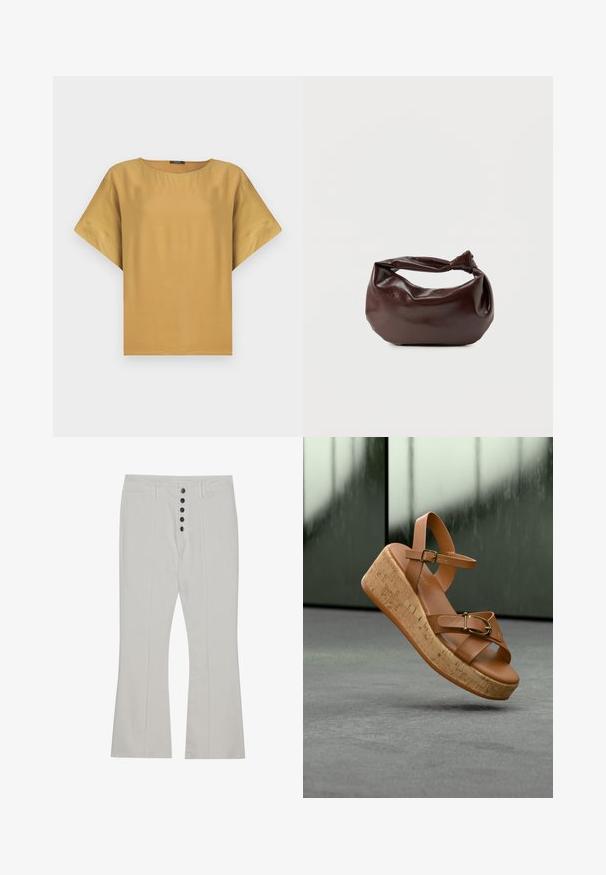Haut à manches courtes de couleur moutarde avec un col rond et une coupe décontractée. Fabriqué en tissu lisse avec un design simple et épuré.; Pantalons évasés blancs en denim avec une taille haute, dotés d'une fermeture avant à cinq boutons et de détails de couture verticaux.; Sandale compensée en cuir marron avec plateforme en liège, bride de cheville avec boucle, et détail de boucle dorée sur les brides avant, présentée sur un fond flou.; Sac bandoulière en cuir marron foncé avec une forme souple et décontractée et une anse nouée torsadée sur un fond blanc uni.