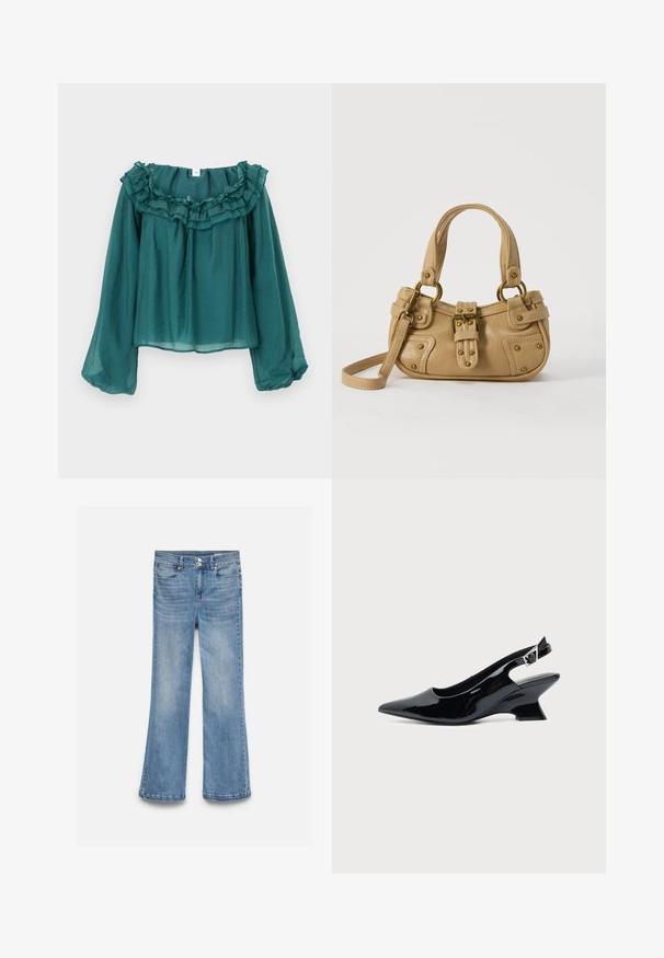 Blouse turquoise à épaules dénudées avec encolure à volants, manches longues, texture légère et coupe ample, conçue pour une silhouette décontractée.; Jean en denim bleu clair avec une taille haute, une fermeture double bouton, des poches avant et arrière, et des jambes légèrement évasées.; Chaussure slingback en cuir verni noir avec bout pointu et petit talon bloc incliné sur fond clair uni.; Sac à main en cuir beige avec double poignées, boucle en laiton et détails rivetés, ainsi qu'une bandoulière réglable sur fond blanc.
