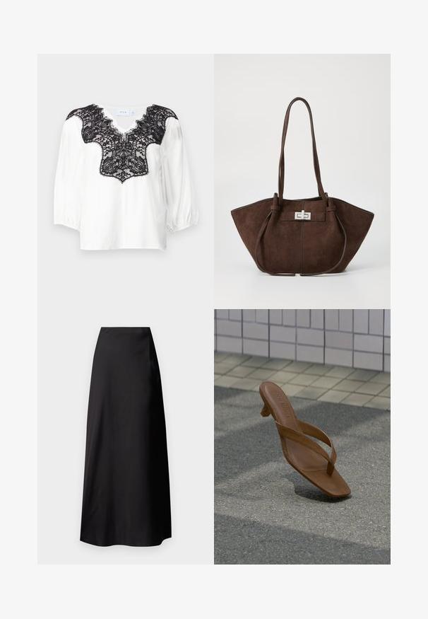 Hvid bluse med sort blonderdetalje ved udskæringen, med en V-formet skæring og puffede ærmer. Glat stof med indviklet blonderdesign.; Sort satin maxi nederdel med en glat tekstur, høj talje, flydende silhuet og uden synlige mønstre eller hardware-detaljer.; Brun læder Steve Madden hælsandal svæver over belagt jord med flisevæg i baggrunden.; Brun ruskinds tote taske med en struktureret form, der har en sølvmetal lukning og to skulderremme. Glat tekstur med accentstikninger.