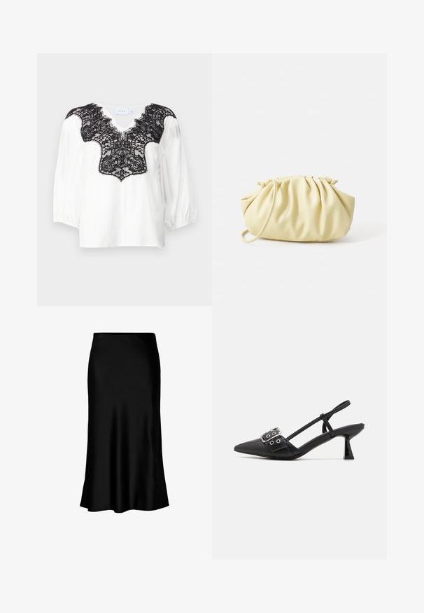 Hvid bluse med sort blonderdetalje ved udskæringen, med en V-formet skæring og puffede ærmer. Glat stof med indviklet blonderdesign.; Sort satin midi-nederdel med en glat tekstur, klokkeformet kant og en tætsiddende talje, der har et enkelt, klassisk design.; Simmi London DALA - Pumps - black; Gul plisseret håndtaske lavet af glat kunstlæder, med en blød form, en enkelt skulderrem og samlet topdesign.