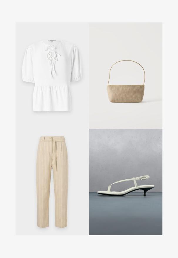 Blouse blanche avec un col rond, des manches courtes bouffantes et un cordon à nouer à l'avant. Dotée d'un tissu tissé texturé et d'un ourlet évasé.; Pantalon beige à rayures avec une coupe décontractée, présentant une taille cintrée, une fermeture à bouton et une ceinture à nouer, fabriqué à partir d'un tissu léger.; Sandale blanche à talon kitten avec des lanières et un bout pointu, flottant au-dessus d'un sol en carrelage en bois en plein air avec un arrière-plan flou de plante et de mur.; Sac à main tissé beige avec fine bandoulière et petit logo doré "BOSS" à l'avant, présenté sur fond blanc uni.