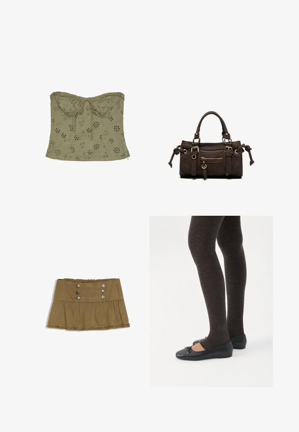 Top court bustier vert olive avec broderie florale à œillets et détail noué à l'avant au niveau de l'encolure.; Mini-jupe marron avec une large ceinture, six boutons métalliques, partie inférieure plissée et bords effilochés en haut et en bas.; Jambes portant des leggings côtelés foncés associés à des ballerines noires avec de petits détails en nœud sur fond blanc.; Sac à main en cuir marron foncé avec double poignée, poche avant zippée, boucles décoratives et nœuds latéraux sur fond blanc.