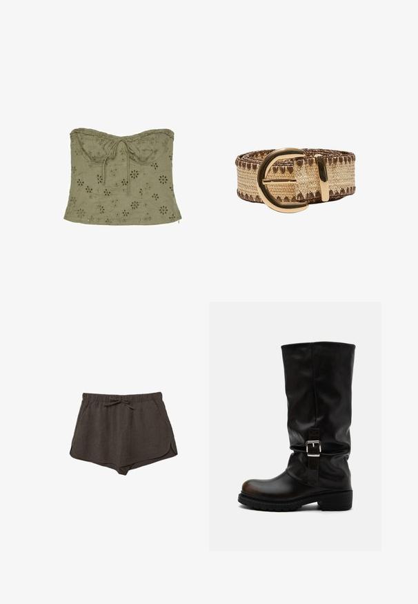 Top court bustier vert olive avec broderie florale à œillets et détail noué à l'avant au niveau de l'encolure.; Shorts décontractés marron foncé avec taille élastique, lien à nouer, poches latérales et ourlet incurvé sur les deux jambes, conçus pour le confort.; Botte haute en cuir noir avec bout arrondi, talon bas, bride à boucle latérale et tige légèrement relâchée sur fond blanc.; Ceinture beige et marron tissée roulée avec une grande boucle ovale dorée brillante et une boucle assortie sur fond blanc.