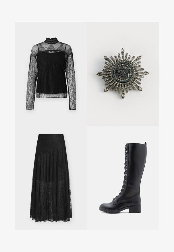 Top de encaje negro de manga larga con cuello alto, patrón floral intrincado, tejido transparente y panel sólido en la zona del pecho.; Falda de encaje negra con un diseño fluido y de capas. Cuenta con una cintura, patrones florales delicados y una textura transparente. La longitud llega hasta la mitad de la pantorrilla.; Botas de cuero negro hasta la rodilla con puntera redondeada, cordones en el frente, ojales de metal y tacón grueso. Acabado texturizado con una apariencia suave.; Broche en forma de estrella en metal de tono plateado con rhinestones transparentes. El diseño central presenta un emblema circular con un detallado intrincado.