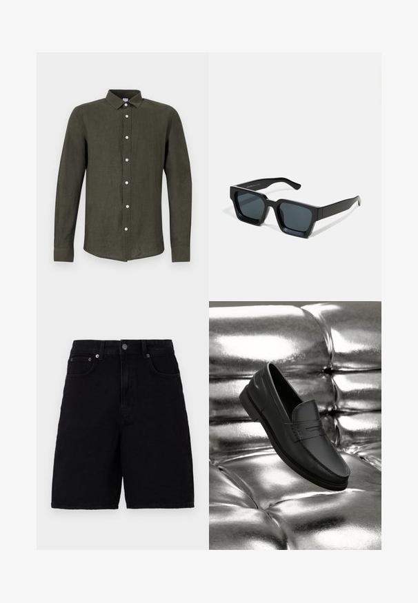 Mørkegrøn langærmet skjorte lavet af hør. Har en knaplukning foran med lyse knapper og en krave for et struktureret udseende.; Sorte denim shorts med klassisk fem-lomme design, der har en knappelukning og lige ben. Stoffet har en glat tekstur.; Svarte læderloafers med en glat tekstur, der har syningsdetaljer og et klassisk design, vist mod en metallisk, skinnende baggrund.; Sorte rektangulære solbriller med mørke linser. Tyk, glat plastikramme med let blank finish og lige stænger.