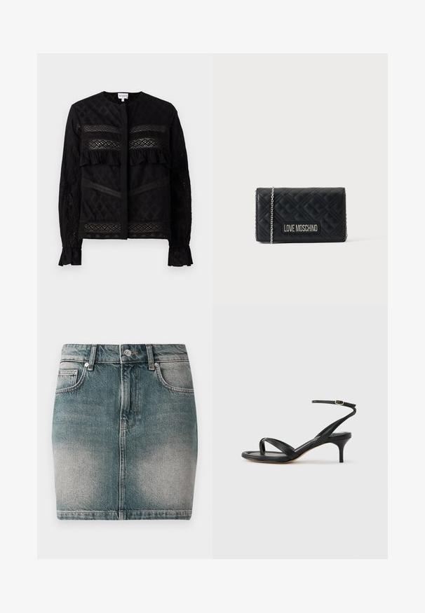 Sort bluse med rund krave, der har gennemsigtige blonder, ruffle-detaljer og teksturerede mønstre. Lange ærmer med elastiske manchetter.; Blå denim mini nederdel med frontknap og lynlås, to forlommer og falmede detaljer på lårene.; Sort damesandal i læder med tynde remme, en tå-loop, ankelspænde og en mellemhøj stiletthæl på en neutral baggrund.; Sort quiltet læder Love Moschino pung med sølvkæde og logo på forsiden mod en ensfarvet baggrund.