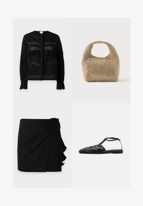Sort bluse med rund krave, der har gennemsigtige blonder, ruffle-detaljer og teksturerede mønstre. Lange ærmer med elastiske manchetter.; Sort mini-skirt lavet af blødt stof med en plisseret design. Har en stofrose accents på siden og en bølget kant.; Sort flad lædersandal med vævet lukket tå, ankelrem og spænde, vist på hvid baggrund.; Lille håndtaske i guldtone dækket af skinnende runde nitter med kort håndtag og rektangulært udskåret hul øverst.