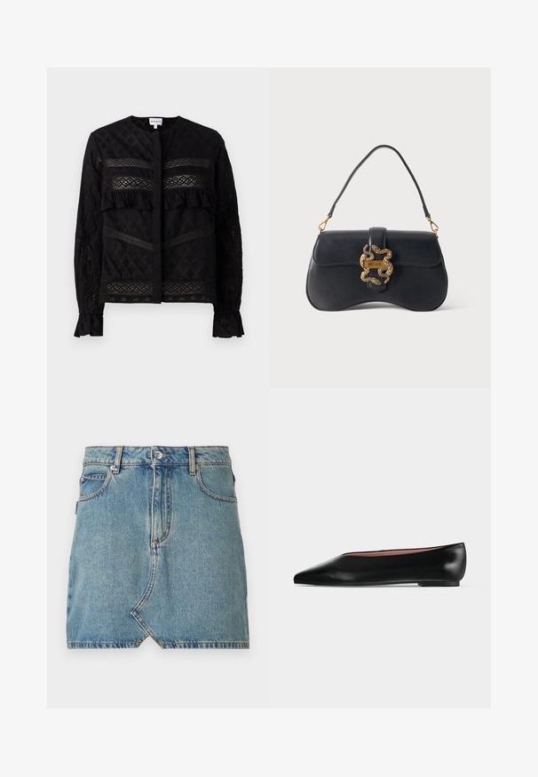 Sort bluse med rund krave, der har gennemsigtige blonder, ruffle-detaljer og teksturerede mønstre. Lange ærmer med elastiske manchetter.; Lysblå denimnederdel med rå kant og skrå lomme foran, prydet med kontraststing og en enkelt knaplukning ved taljen.; Sort damesko i læder med flad hæl og spids tå, vist fra siden på en ensfarvet lys grå baggrund.; Sort læderhåndtaske med buet form, enkelt håndtag og guldfarvet slangeformet lukning med mærket "Just Cavalli" på ensfarvet baggrund.