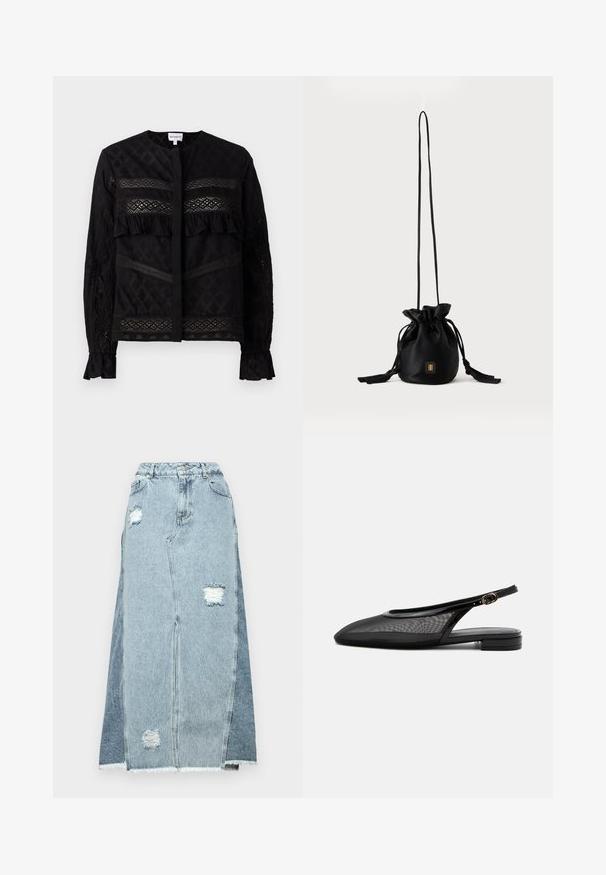 Blouse noire avec un col rond, mettant en valeur des panneaux en dentelle transparente, des accents froncés et des motifs texturés. Manches longues avec des poignets élastiques.; Jupe en denim présentant un mélange de tissus bleus clairs et foncés, des patches usés, une taille haute et un ourlet effiloché.; Chaussure plate noire à bride arrière, bout pointu, tige en mesh, bride à boucle réglable et petit talon empilé sur fond blanc.; Sac seau noir à cordon avec une longue sangle fine et un petit logo carré doré sur le devant, présenté sur un fond uni.