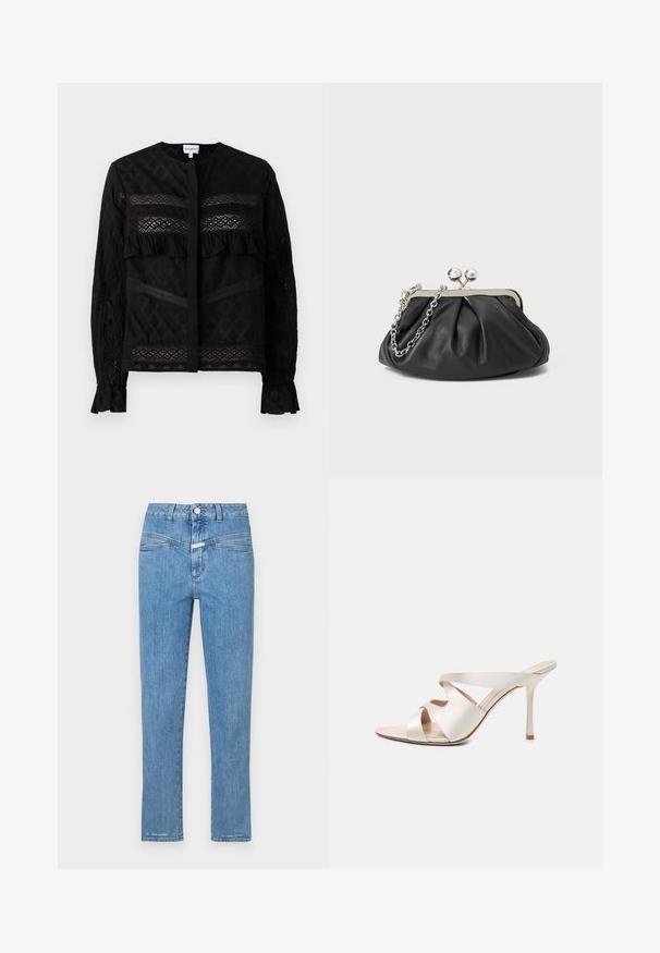 Sort bluse med rund krave, der har gennemsigtige blonder, ruffle-detaljer og teksturerede mønstre. Lange ærmer med elastiske manchetter.; Lysblå denimjeans med lige ben, fem lommer og knaplukning. Har en let falmet overflade og minimal syning.; Beige højhælet mule med spids tå, slank stiletthæl og tre brede læderremme over foden.; Sort læder clutch med samlet tekstur, sølvfarvet metalramme, kys-lås lukning og kædestrop. Glat, blød overflade.