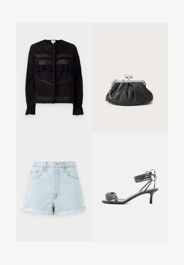 Sort bluse med rund krave, der har gennemsigtige blonder, ruffle-detaljer og teksturerede mønstre. Lange ærmer med elastiske manchetter.; Lyseblå denim shorts med høj talje, opadvendte manchetter, kobbernitter og en frontlynlås. Har klassisk fem-lomme stil.; Grå læder sandal med hæl, knyttet rem ved tæerne og snørebånd, der vikles om anklen, på slank mellemhøj hæl mod hvid baggrund.; Sort læder clutch med samlet tekstur, sølvfarvet metalramme, kys-lås lukning og kædestrop. Glat, blød overflade.