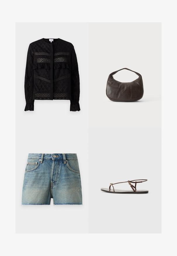 Zwarte blouse met een ronde kraag, voorzien van doorschijnende kantpanelen, ruches en textuurpatronen. Lange mouwen met elastische manchetten.; Leren denim shorts in lichtblauw, met een hoge taille, gefranjorde zoom en traditionele vijf-pocket stijl met metalen hardware.; Bruine leren sandaal met dunne banden, een gouden cirkelaccent en een platte zool. Minimalistisch ontwerp met een verstelbare gesp.; Kleine donkerbruine gestructureerde handtas met korte band en afgeronde onderkant op een effen lichte achtergrond.