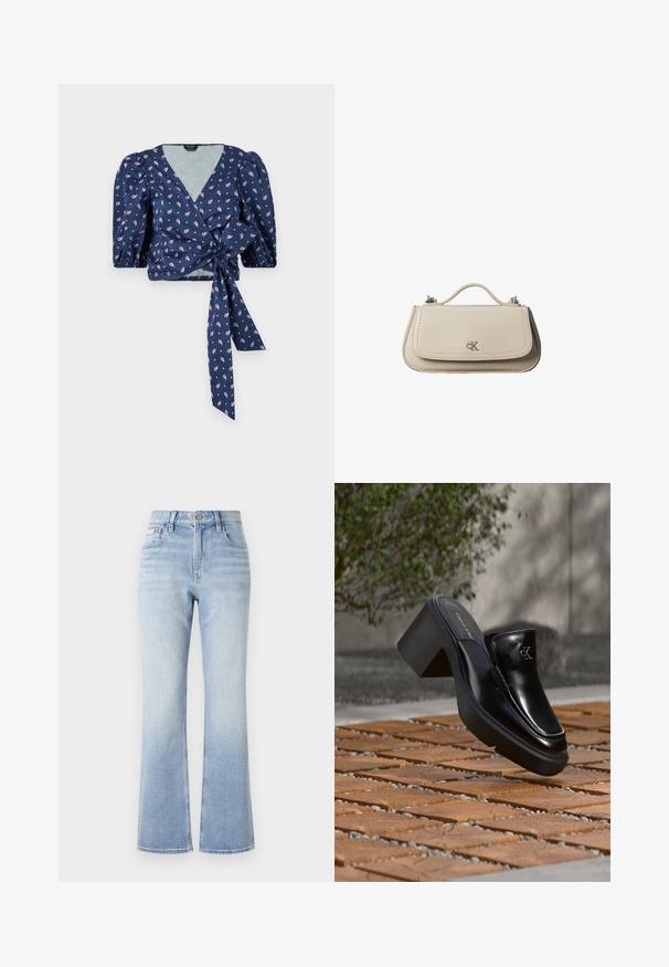Marineblå blomsterprint omslagstop med korte pufærmer, en dyb V-halsudskæring og en bånddetalje i taljen. Stof er glat med en let glans.; Lyseblå denim flared jeans med høj talje, kontrasterende syninger, forlommer og en subtil faldefarve mod kanten.; Sort læder Calvin Klein slip-on mule med blokhæl, der hviler på trætøj udendørs nær en grøn plante og en grå væg.; Lille beige læderhåndtaske med top håndtag og sølv CK-logo på frontklap, vist mod en hvid baggrund.