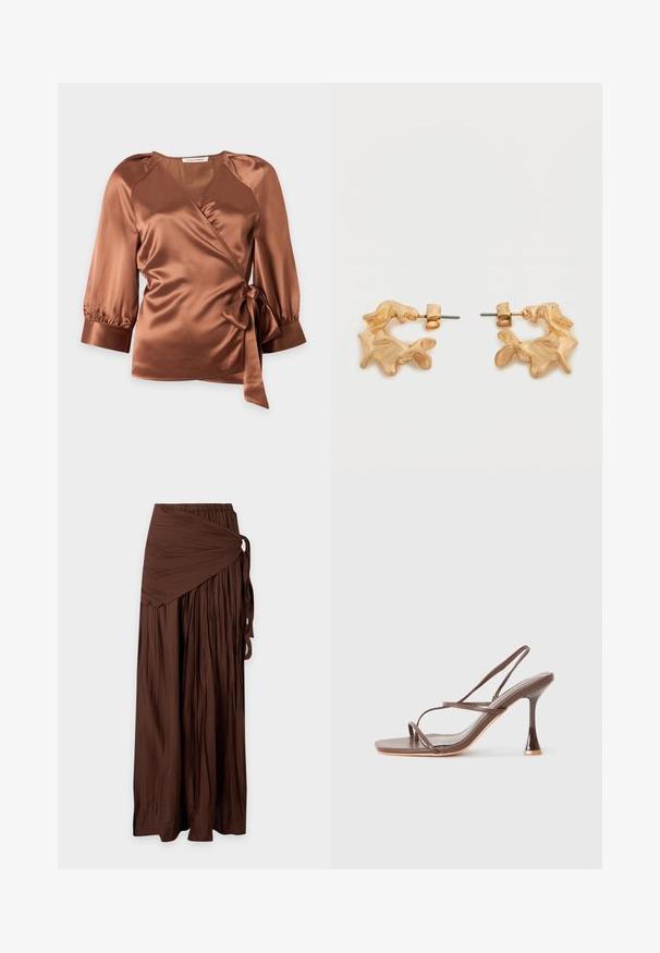 Blouse portefeuille en satin marron avec manches trois-quarts et nœud sur le côté, sur un fond clair uni.; Longue jupe plissée marron avec détail portefeuille et fermeture par lien sur le côté, en tissu léger, présentée sur fond blanc.; Sandale à talon haut marron à brides, avec un bout carré, des brides élégantes, une finition brillante et un talon courbé distinct.; Boucles d'oreilles dorées avec une forme abstraite et organique, présentant une surface texturée et une fermeture à poussette.