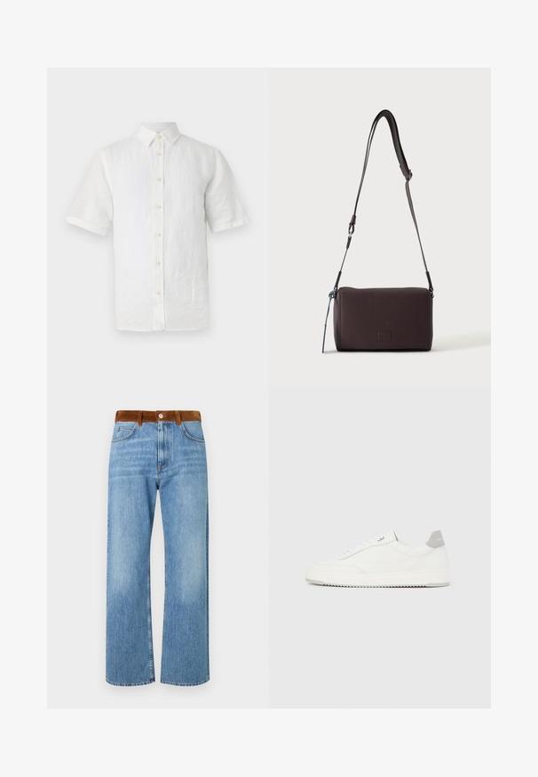 Hvid kortærmet skjorte med knapper, lavet af hør, med klassisk krave, træknapper og en let tekstureret overflade.; Lys blå denim jeans med en lige ben-design, der har en brun ruskindslinning, frontlommer og lynlåslukning.; Hvid lavtop-sneaker med gråt hælflig, hvide snørebånd og tekstureret sål, vist på en ensfarvet lys baggrund.; Mørkebrun textured læder crossbody taske med justerbar rem og lille dekorativ blå accent på siden.